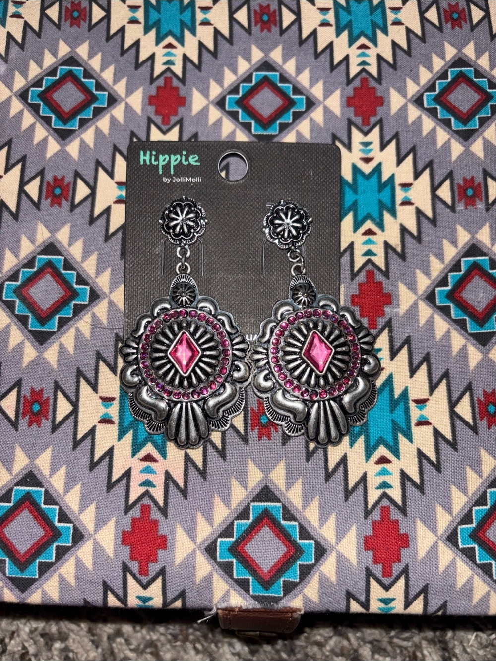 Hippie Pink Stone Silver-Tone Western Dangle Earrings
